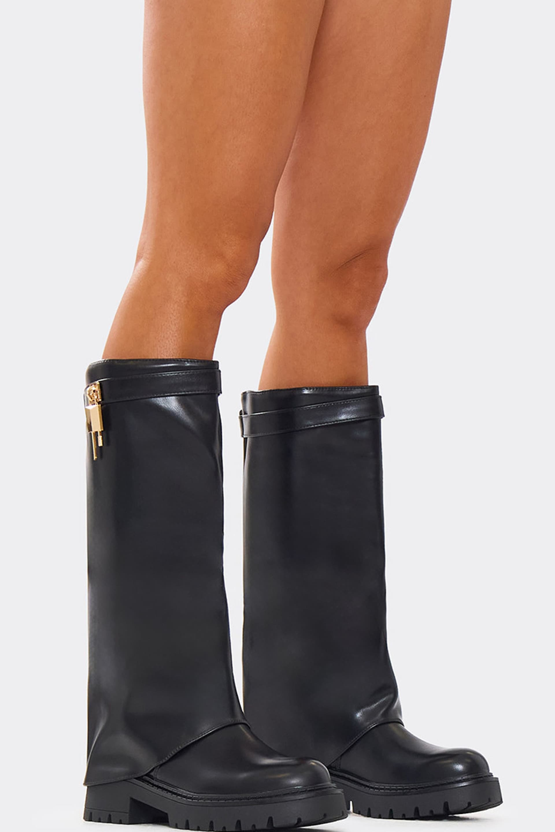 EGO EGO Women's Knee High Layered Faux Leather Chunky Boots in Black