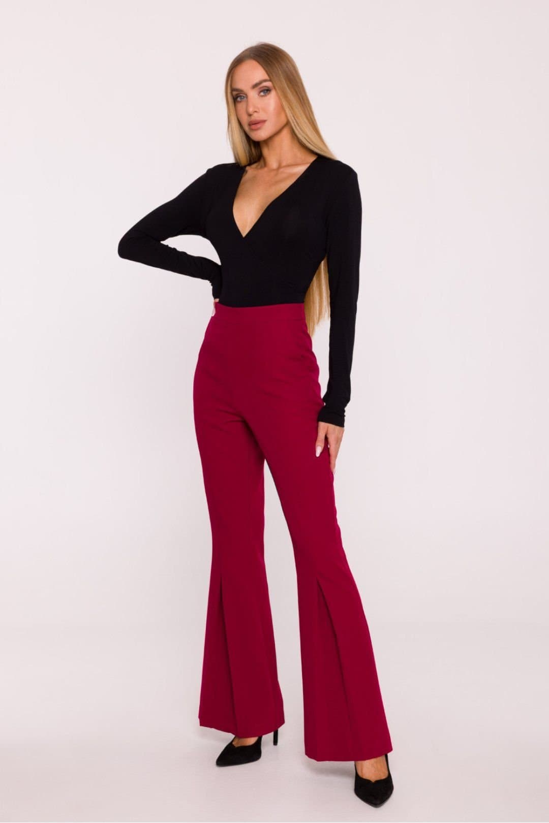 Love Lace Love Lace Women's Matte Suit Pleated High Waist Flared Trousers in Burgundy