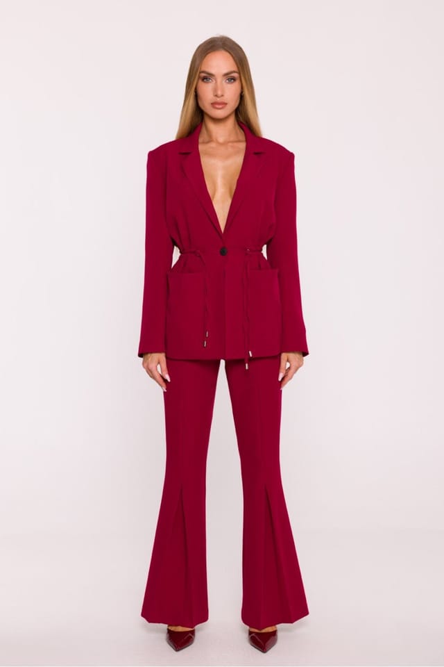 Love Lace Love Lace Women's Matte Suit Pleated High Waist Flared Trousers in Burgundy - 2