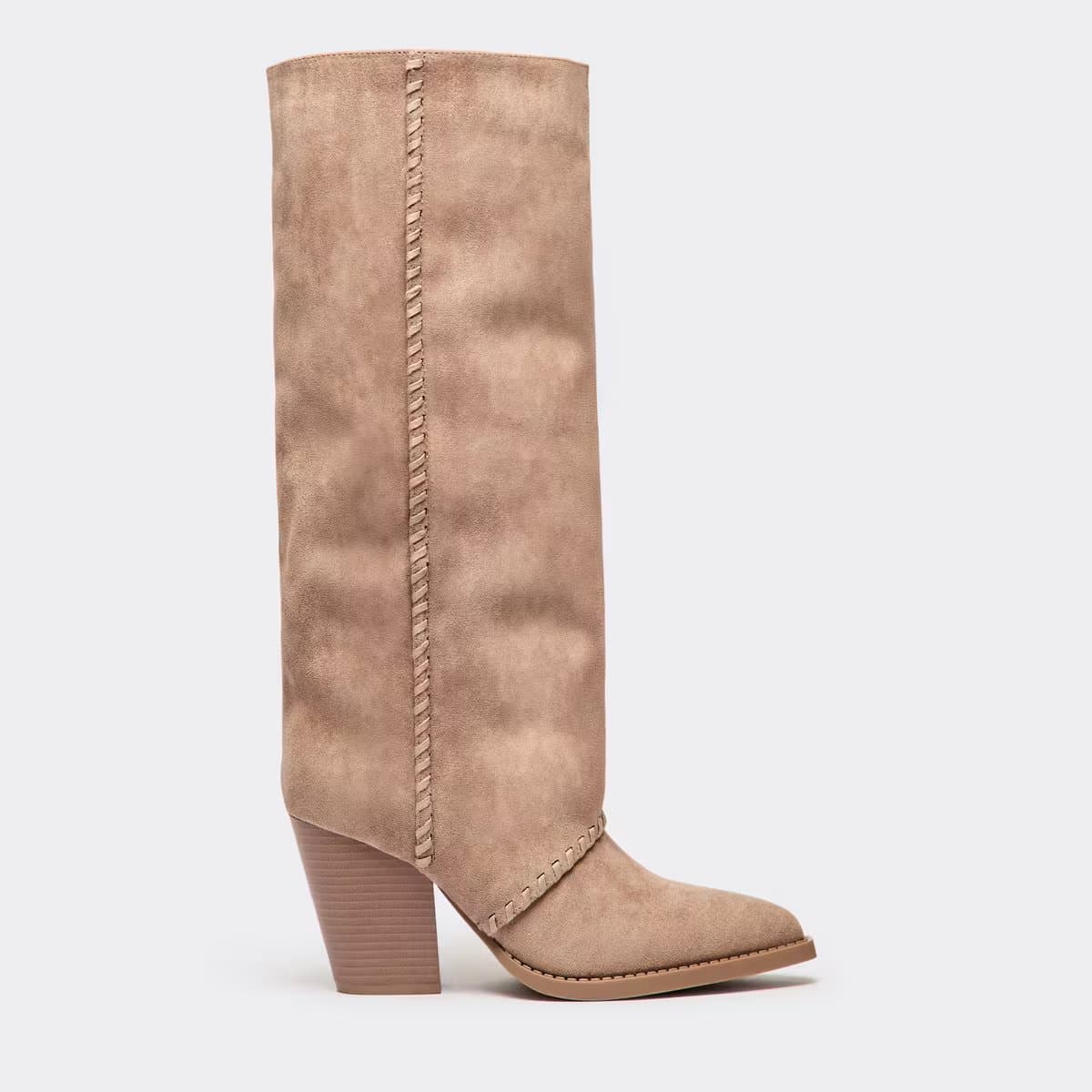 EGO Seri Woven Trim Detail Pointed Toe Knee High Heeled Boot In Taupe Faux Suede, Women's Size UK 3