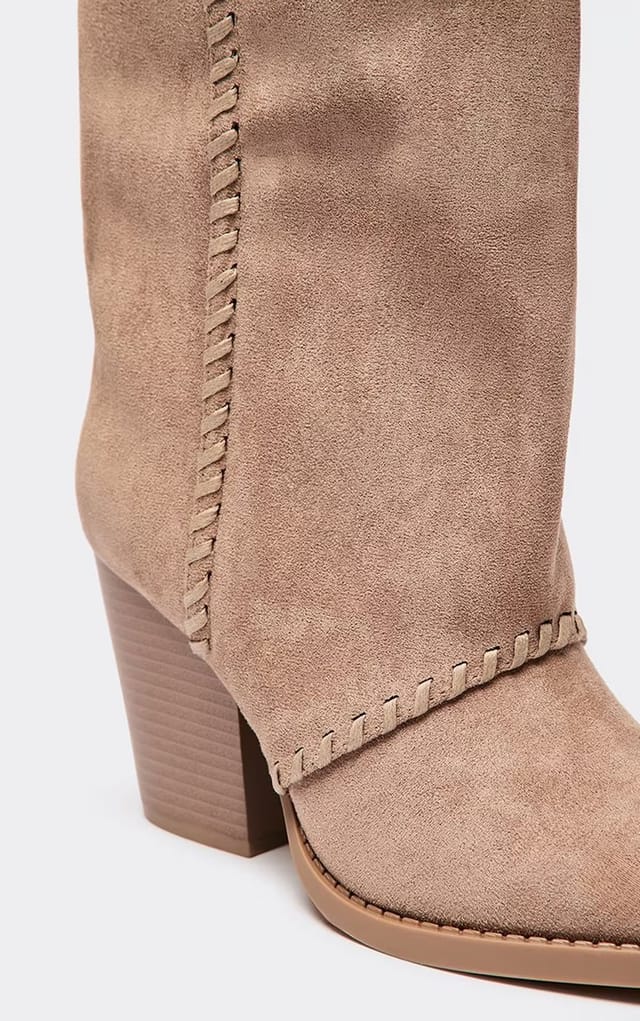 EGO Seri Woven Trim Detail Pointed Toe Knee High Heeled Boot In Taupe Faux Suede, Women's Size UK 3 - 2