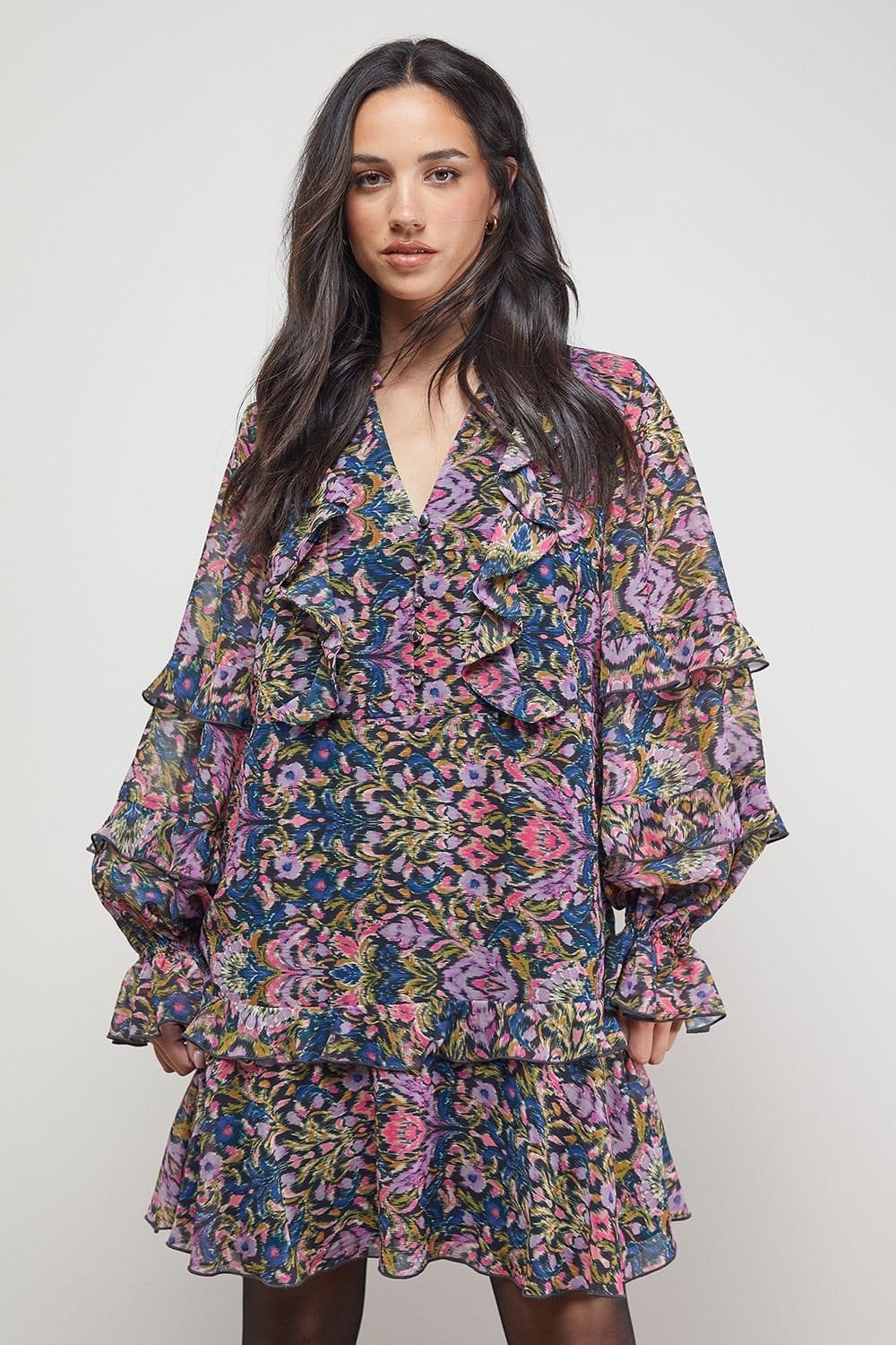 Oasis Oasis Women's Printed Boho Ruffle Button Down Mini Dress - 4