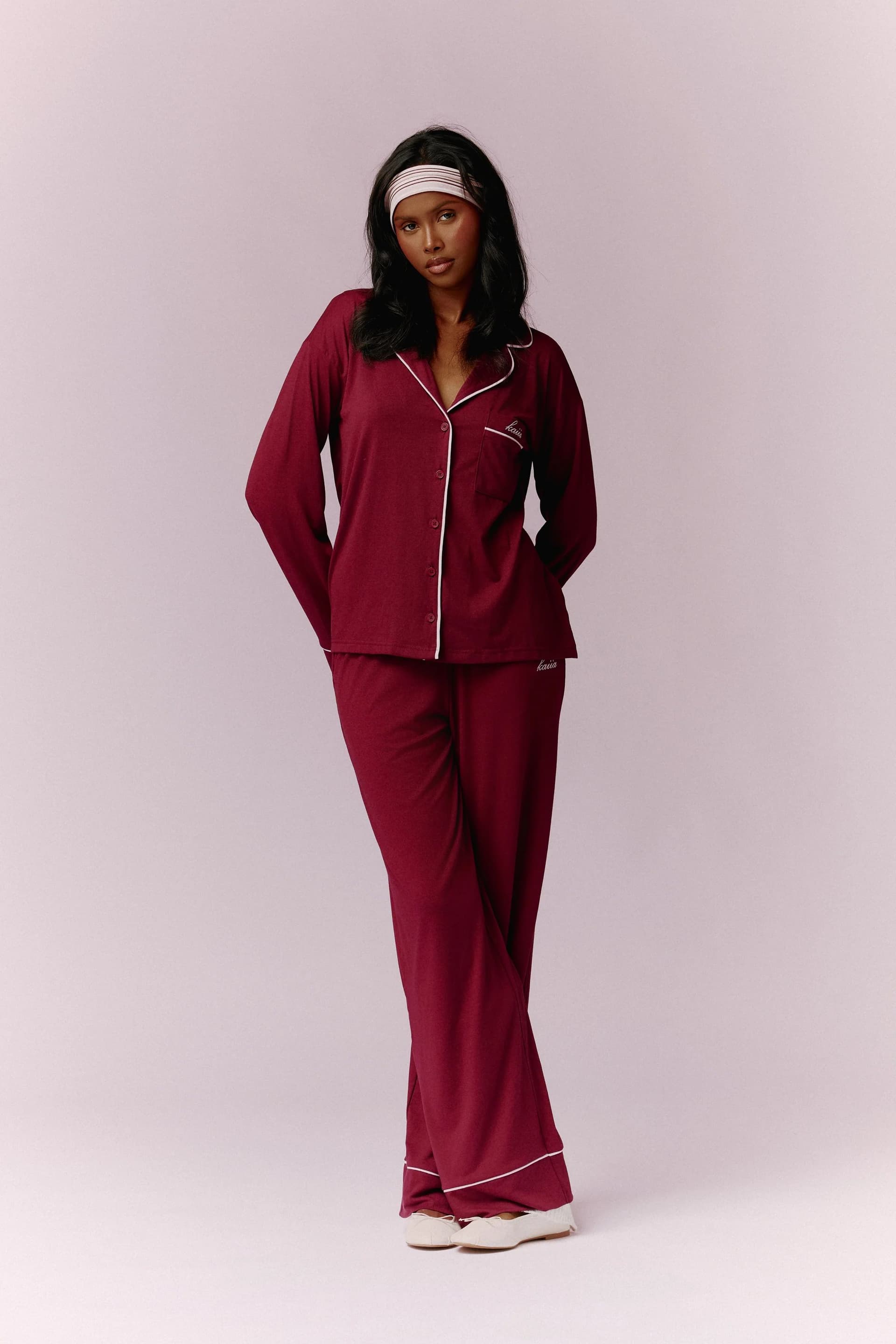 Kaiia Kaiia Contrast Piping Button Down Top & Trouser Pyjama Set Burgundy & Pink