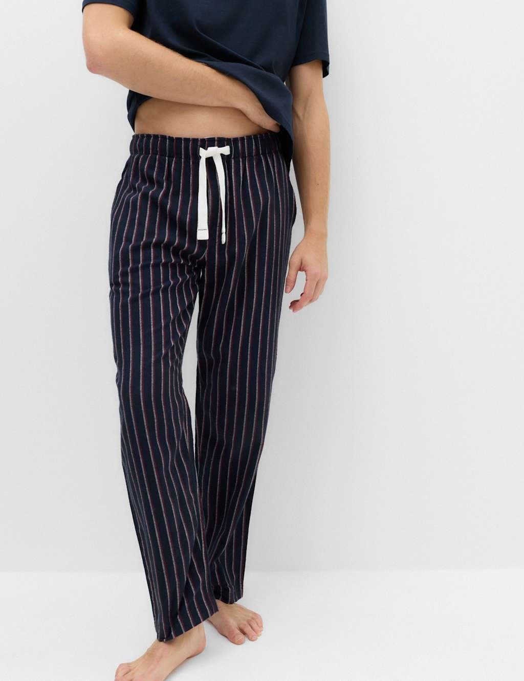 Marks & Spencer M&S Pure Cotton Striped Pyjama Bottoms Navy Mix
