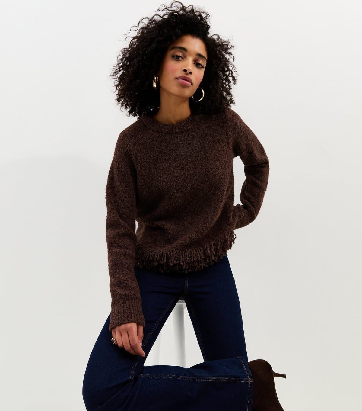 New Look Women's Dark Brown Boucle Fringe Hem Jumper New Look