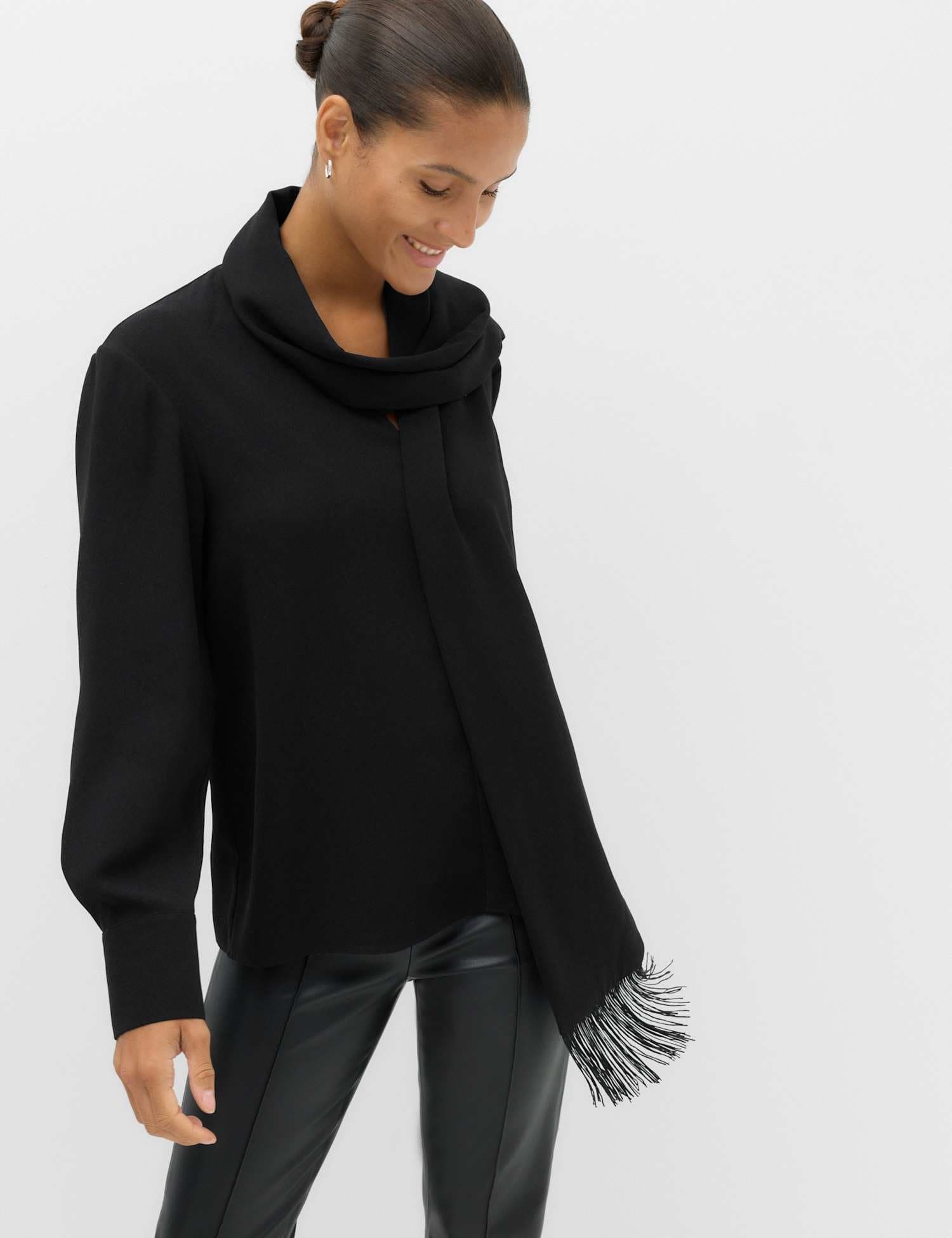 Marks & Spencer M&S V Neck Scarf Detail Fringed Top Black