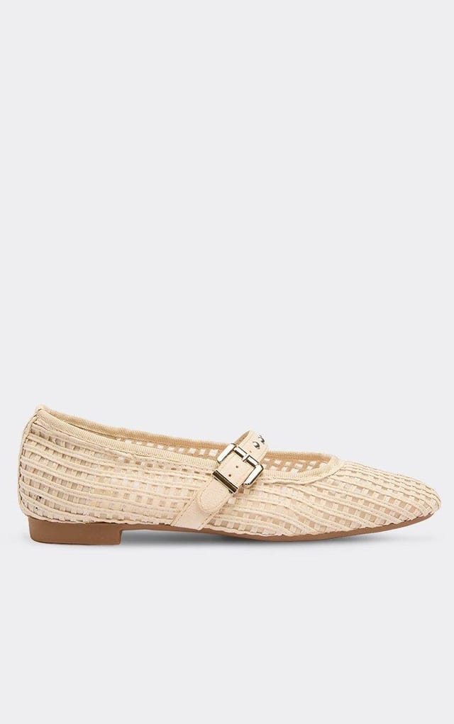EGO Chara Buckle Stud Strap Flat Ballet Pump In Cream Woven, Women's Size UK 4 - 2