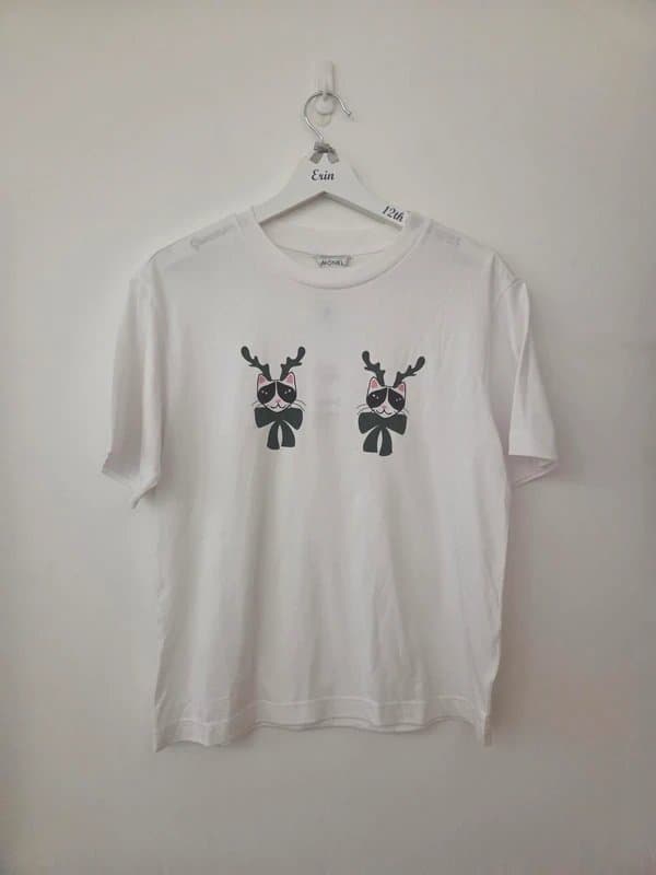 Monki Monki - White Organic Cotton T-Shirt with Cat Print - Size XS - NWT