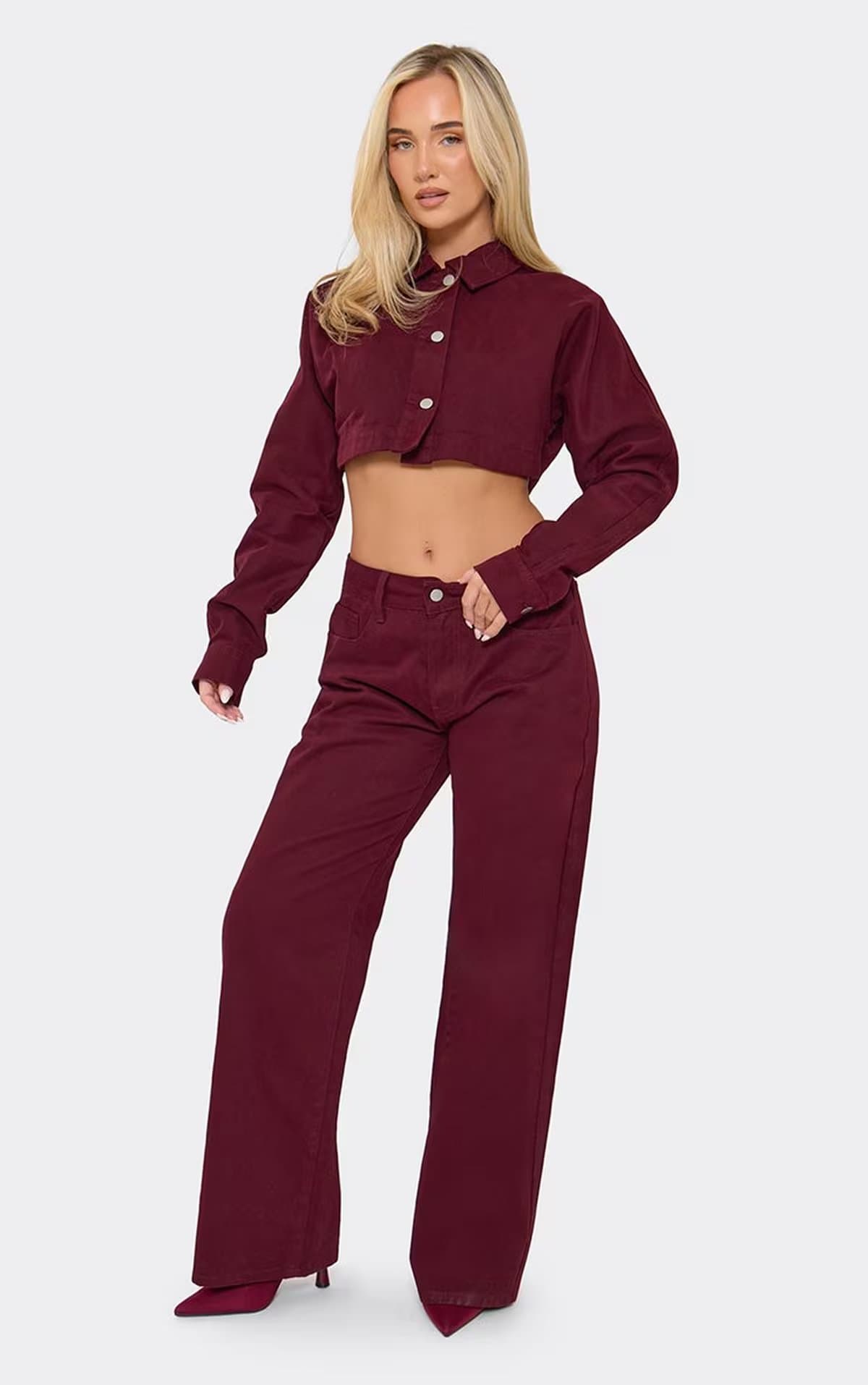 EGO Low Rise Wide Leg Jeans In Burgundy Denim, Women's Size UK 6