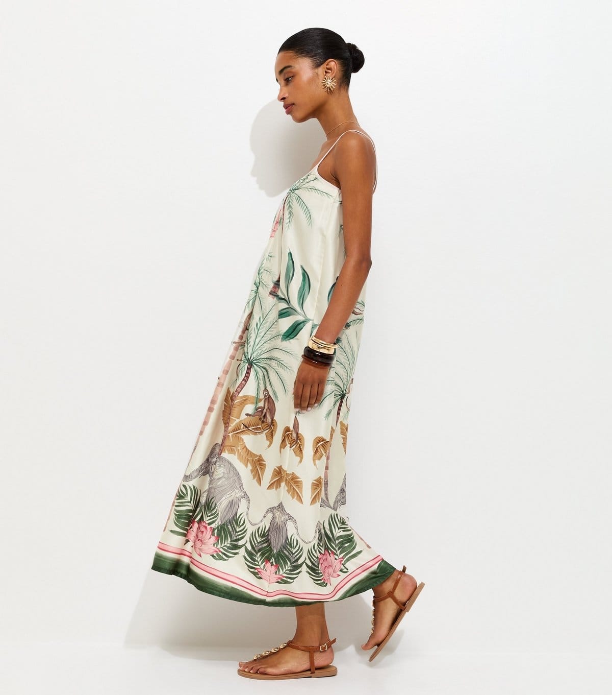 New Look White Tropical Print Satin Midi Dress