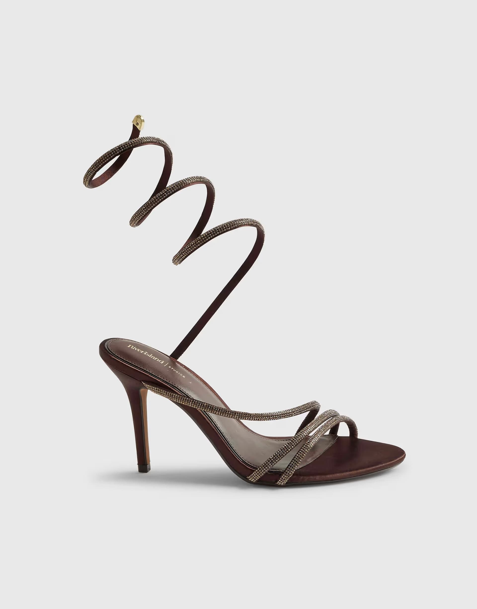 ASOS River Island Embellished wrap around heeled sandals in brown - dark