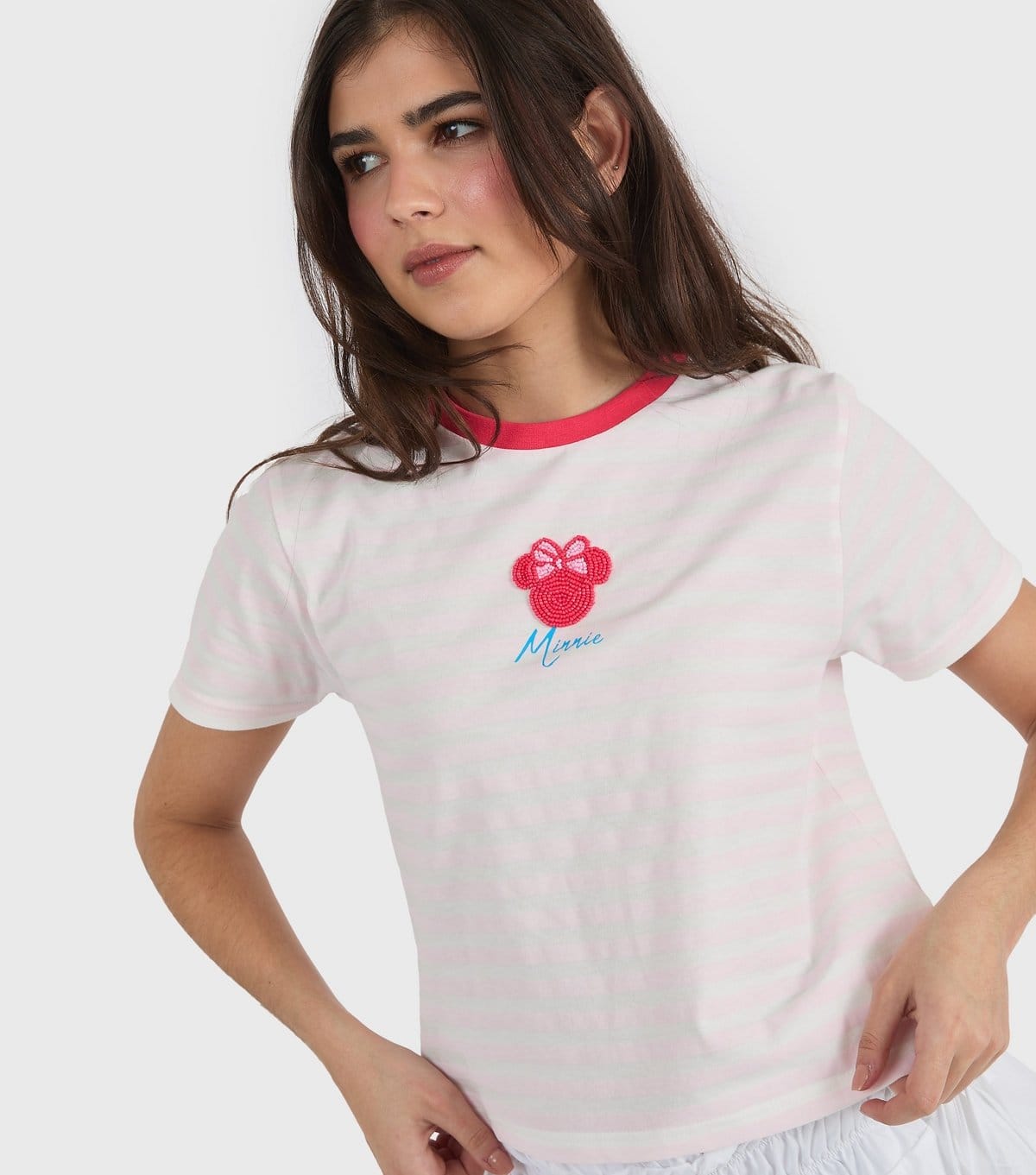 Skinnydip Women's Pink Disney Striped Beaded Minnie Mouse T-Shirt Skinnydip New Look - 4