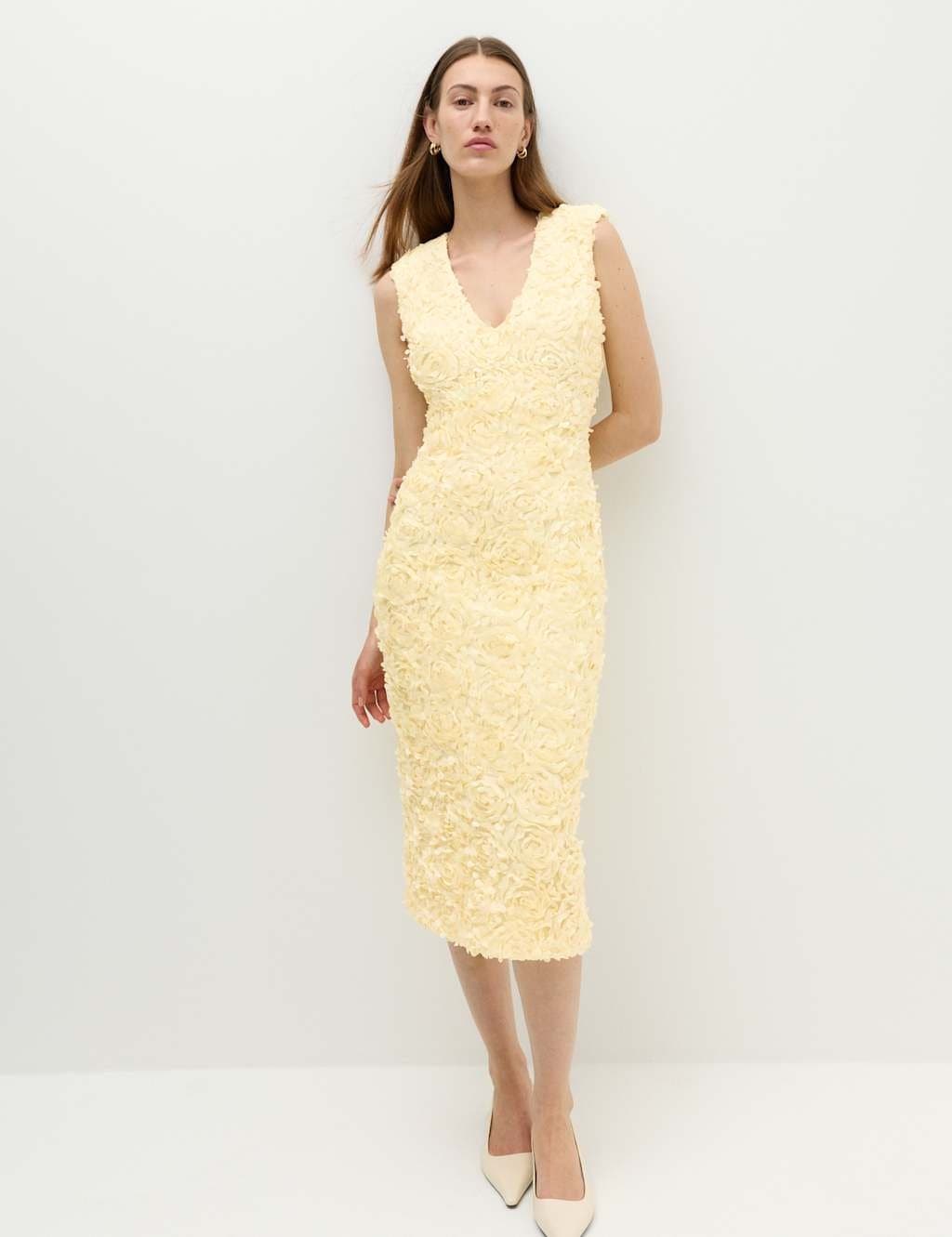 Marks & Spencer M&S Floral Appliqué V-Neck Midi Bodycon Dress Yellow