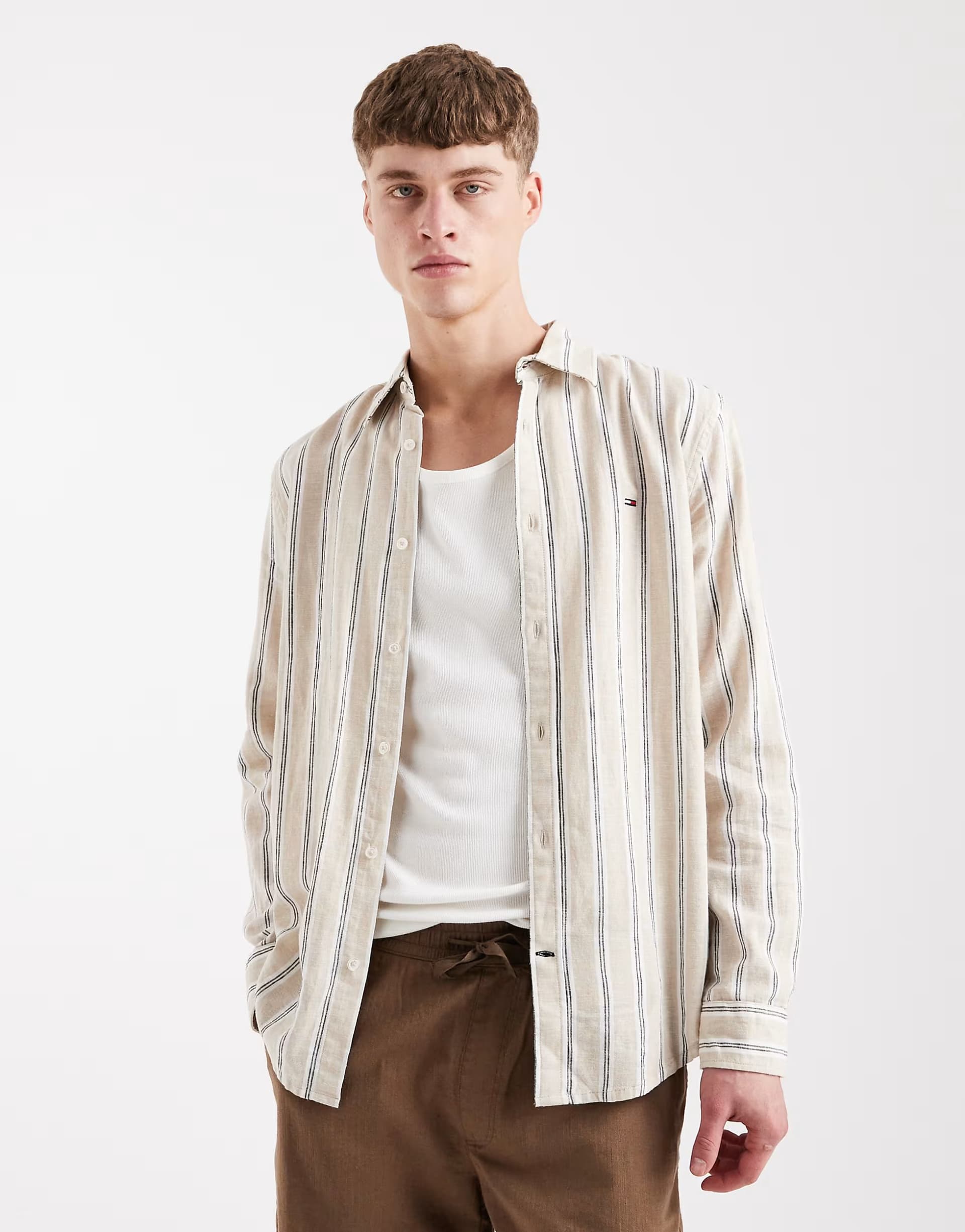 ASOS Tommy Jeans linen blend shirt in brown stripe