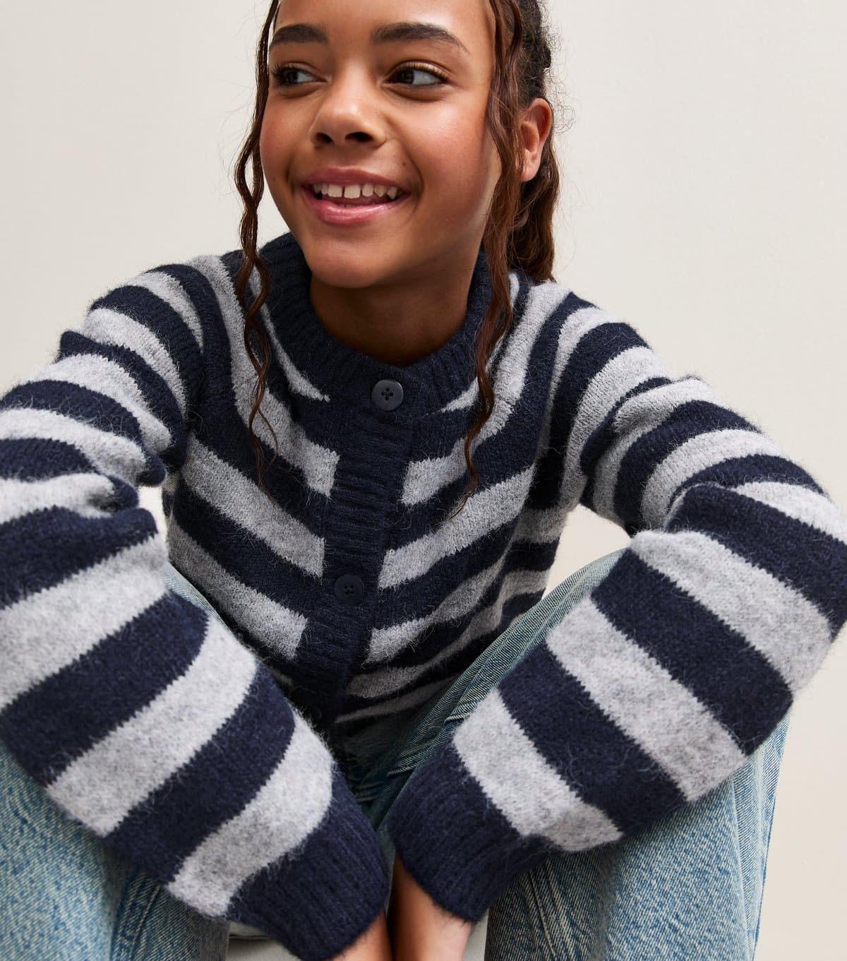 New Look Girls' Blue Knitted Horizontal Stripe Crew Neck Cardigan with Wool New Look