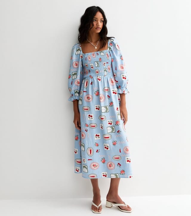 New Look Women's Blue Chilli and Cherry Print Shirred Midi Dress New Look - 3