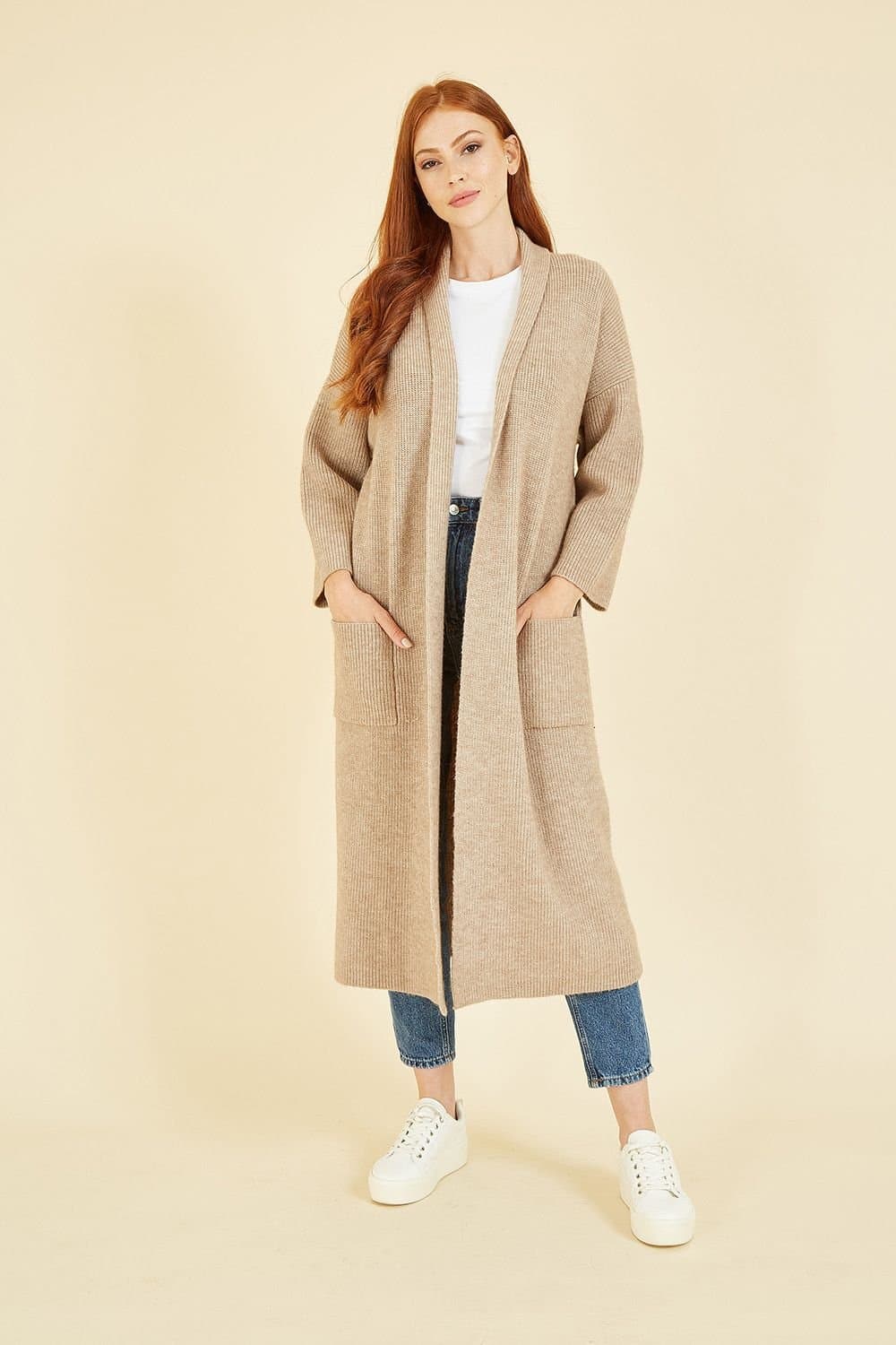 Yumi Yumi Women's Oatmeal Knitted Maxi Cardigan With Pockets in Beige