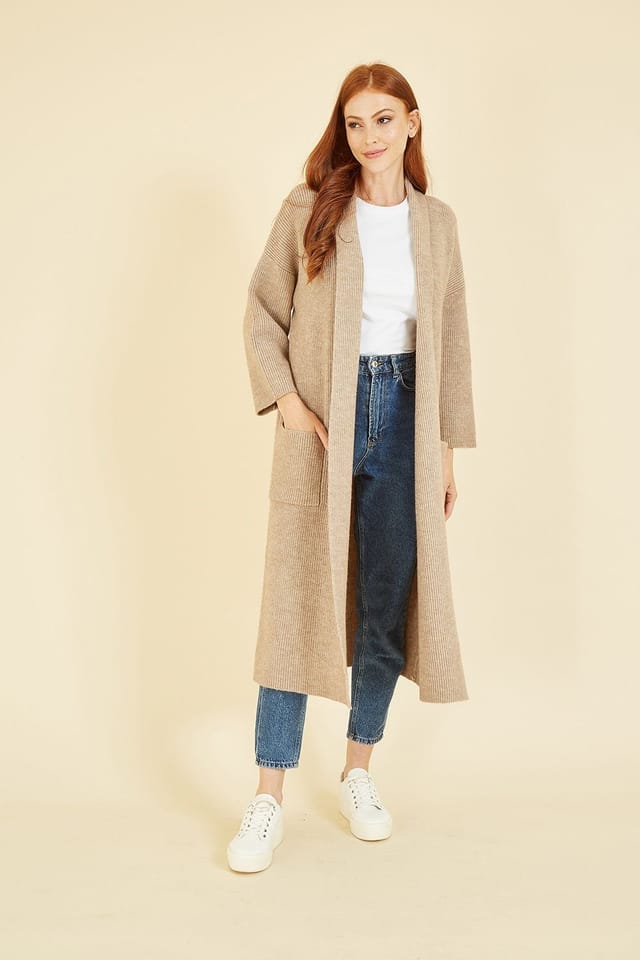 Yumi Yumi Women's Oatmeal Knitted Maxi Cardigan With Pockets in Beige - 2