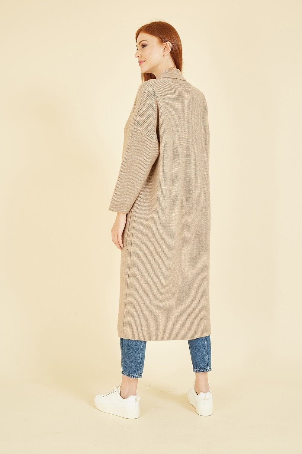 Yumi Yumi Women's Oatmeal Knitted Maxi Cardigan With Pockets in Beige - 4