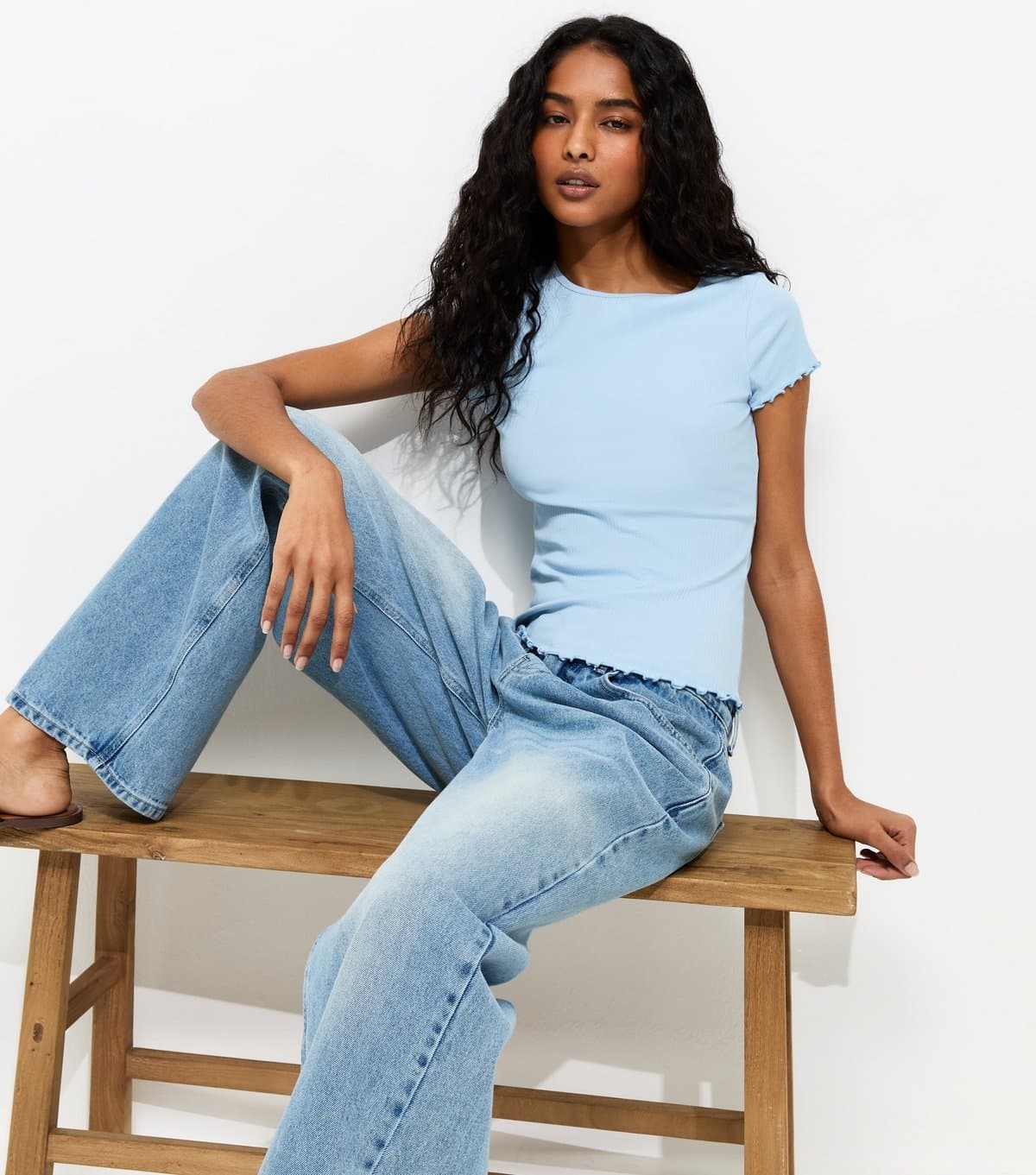 New Look Women's Light Blue Ribbed Jersey Frilly Trim Short Sleeve Top New Look