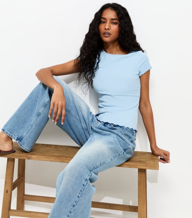 New Look Women's Light Blue Ribbed Jersey Frilly Trim Short Sleeve Top New Look - 2