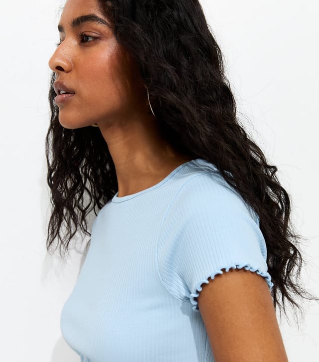 New Look Women's Light Blue Ribbed Jersey Frilly Trim Short Sleeve Top New Look - 3