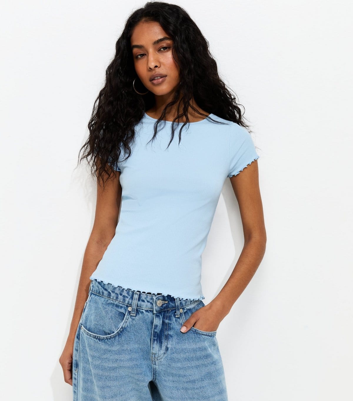 New Look Women's Light Blue Ribbed Jersey Frilly Trim Short Sleeve Top New Look - 4