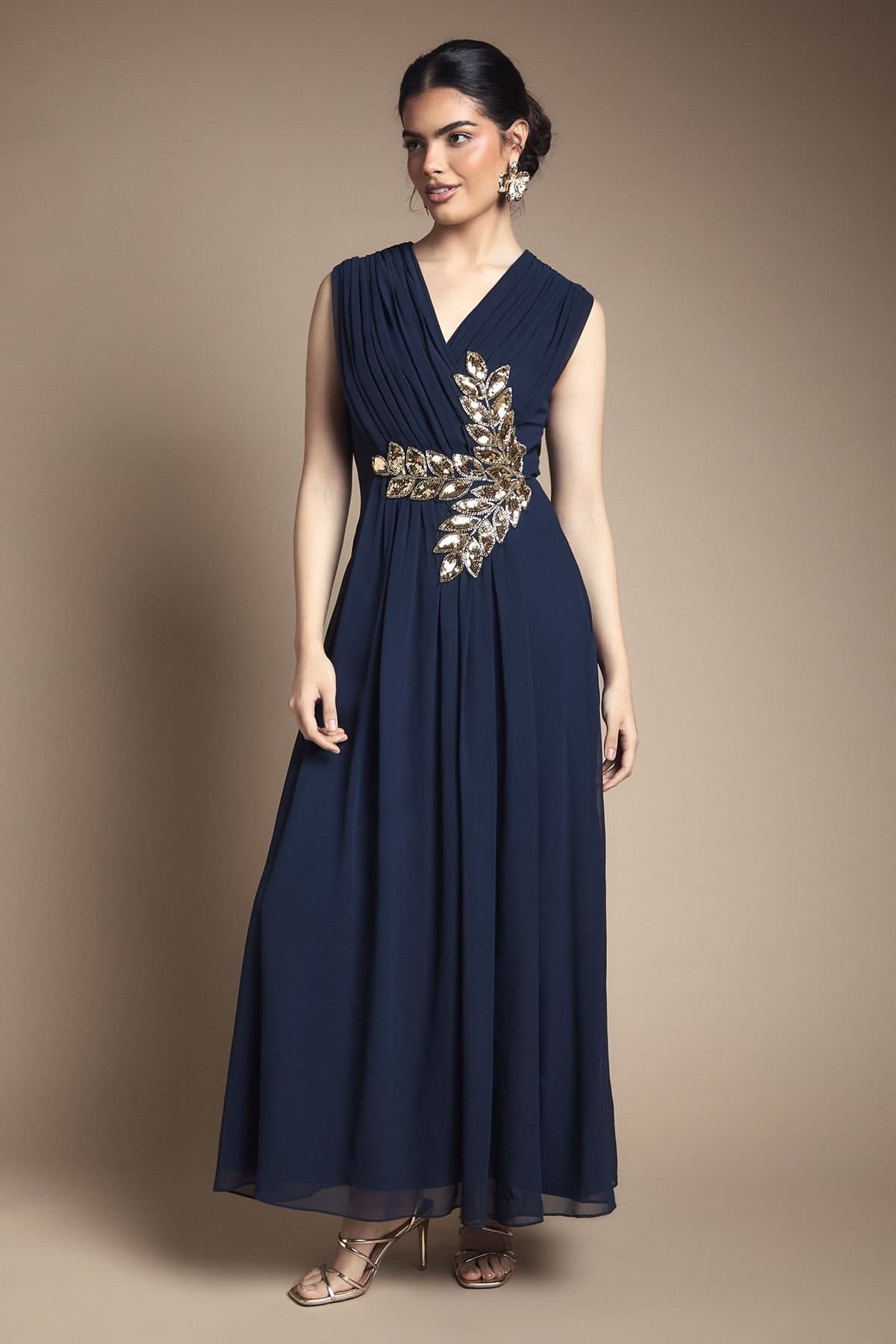 Wallis Wallis Women's Beaded Embellished Wrap Top Georgette Maxi Dress in Navy