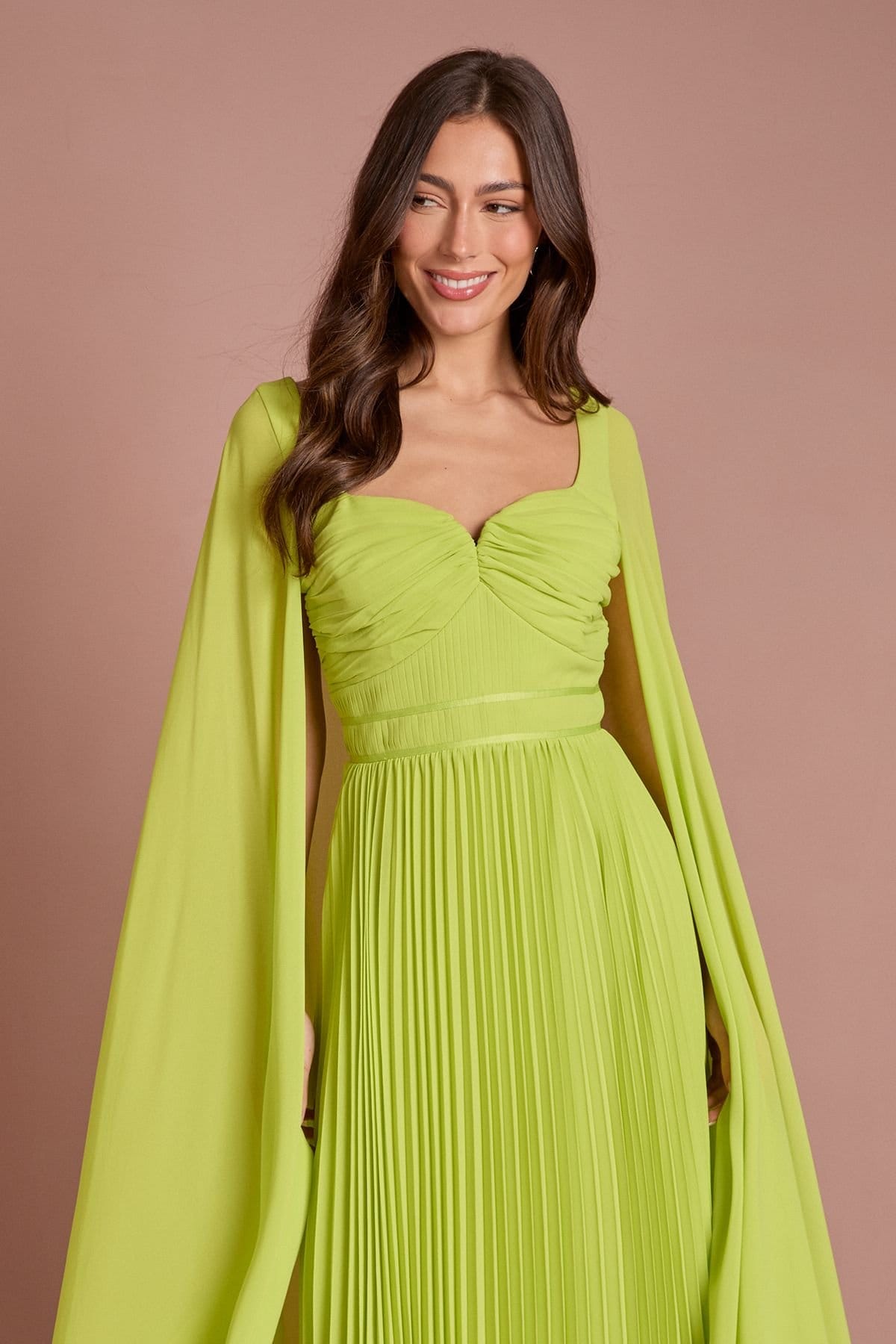 Coast Coast Women's Cape Sleeve Sweetheart Neckline Pleated Maxi Dress in Chartreuse - 4