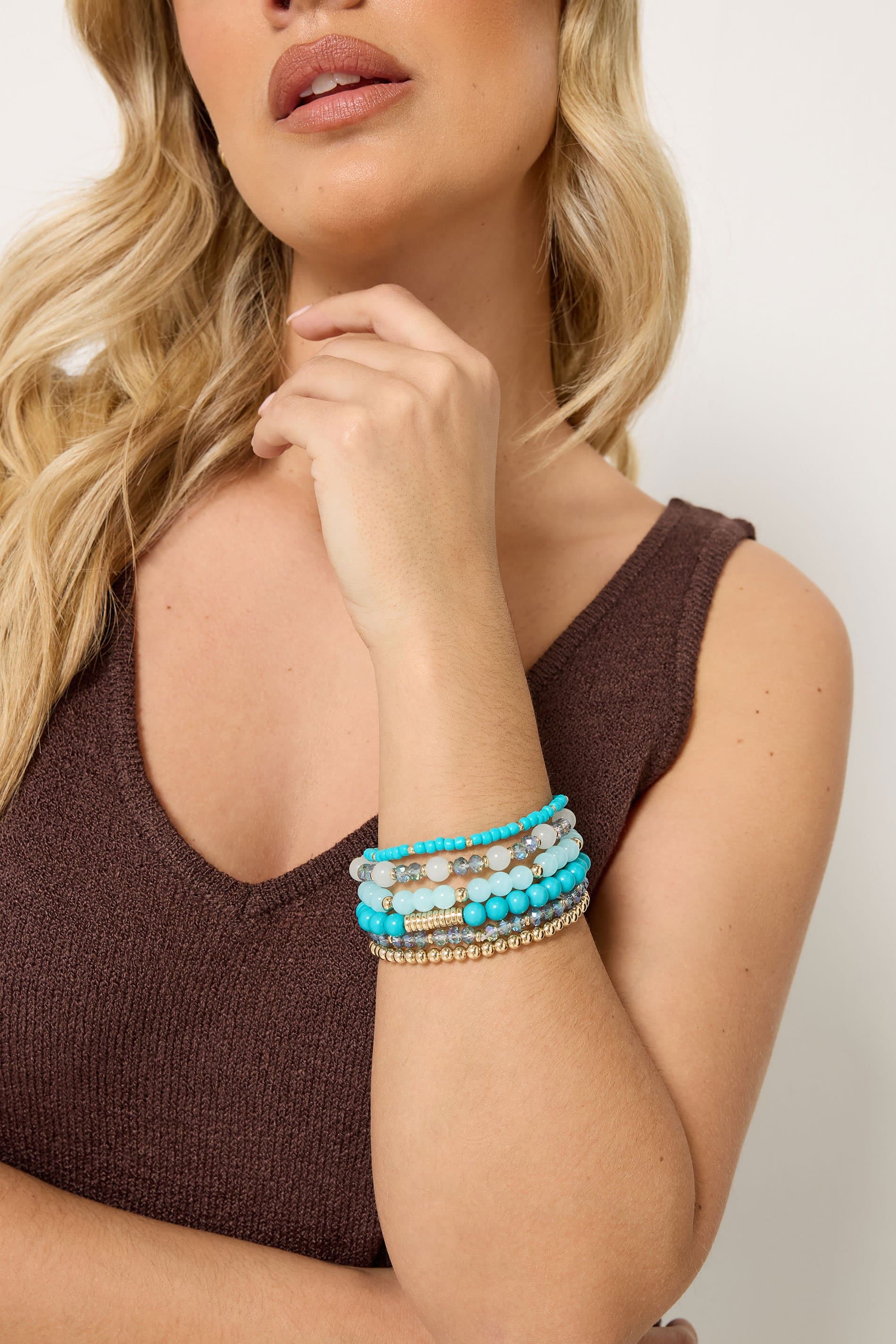 Yours 6 Pack Blue Mix Bead Stretch Bracelet Set