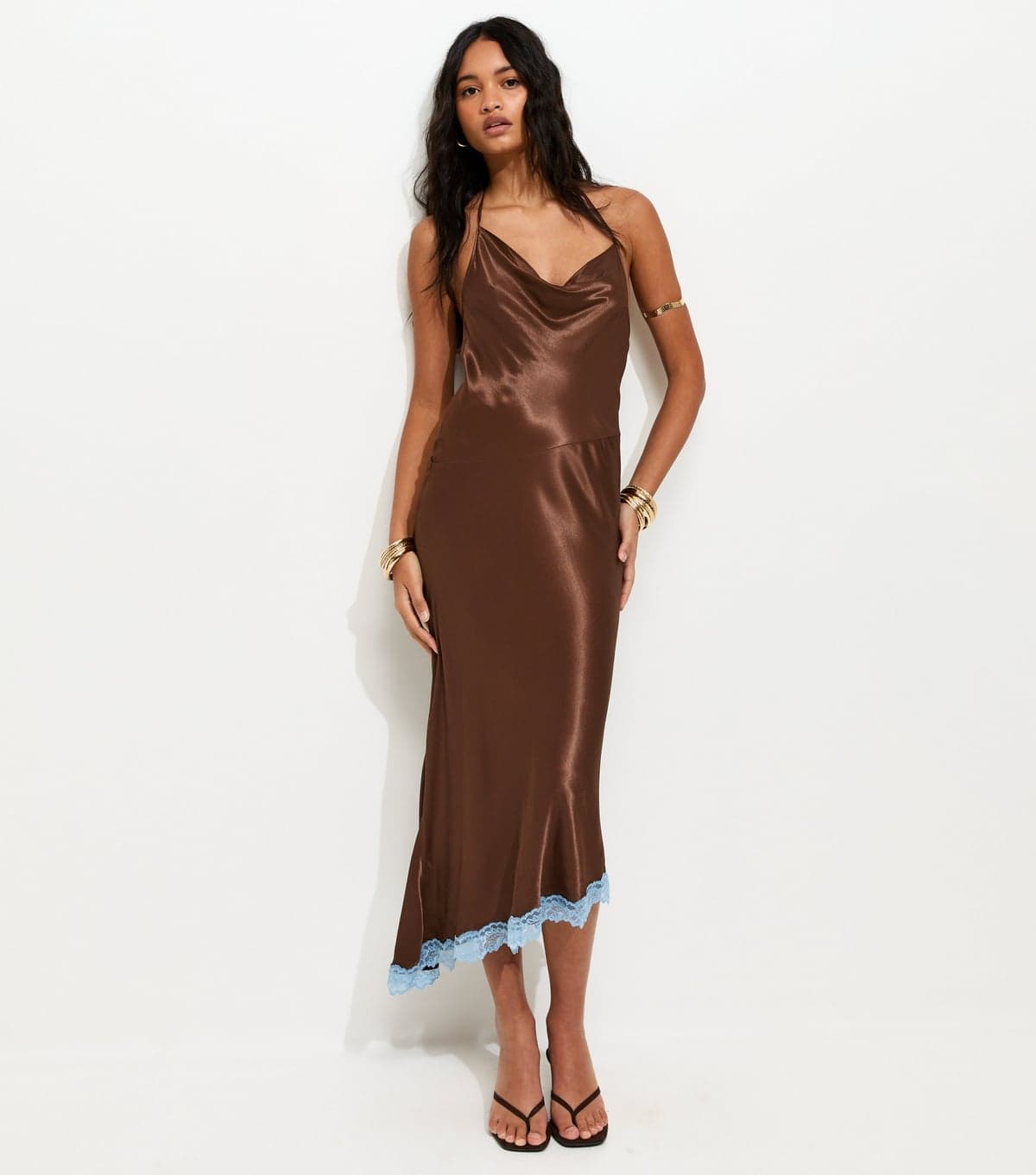 New Look Women's Dark Brown Halterneck Lace Trim Asymmetric Midi Dress New Look