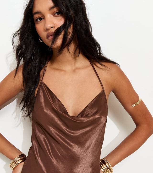 New Look Women's Dark Brown Halterneck Lace Trim Asymmetric Midi Dress New Look - 3