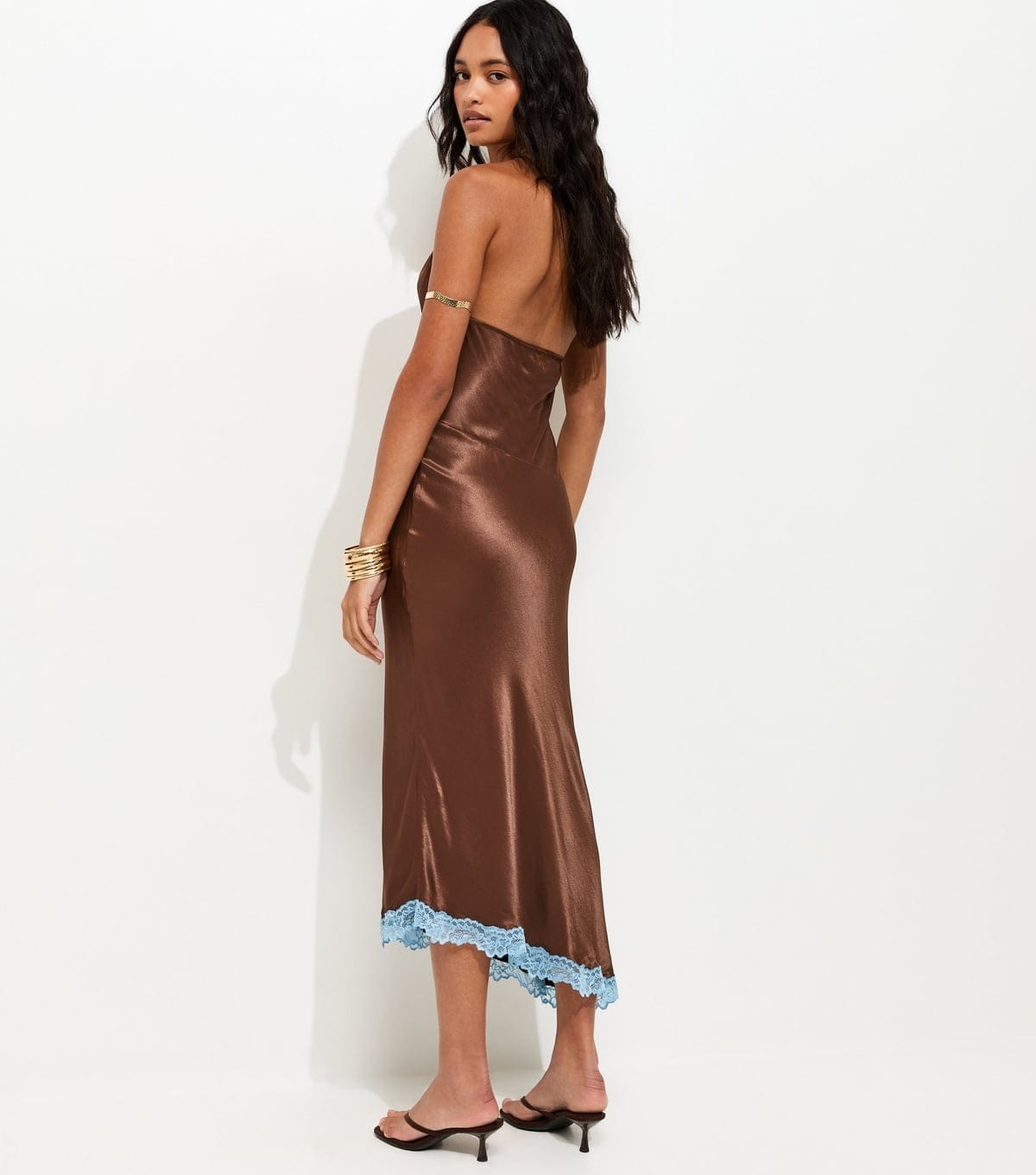 New Look Women's Dark Brown Halterneck Lace Trim Asymmetric Midi Dress New Look - 4