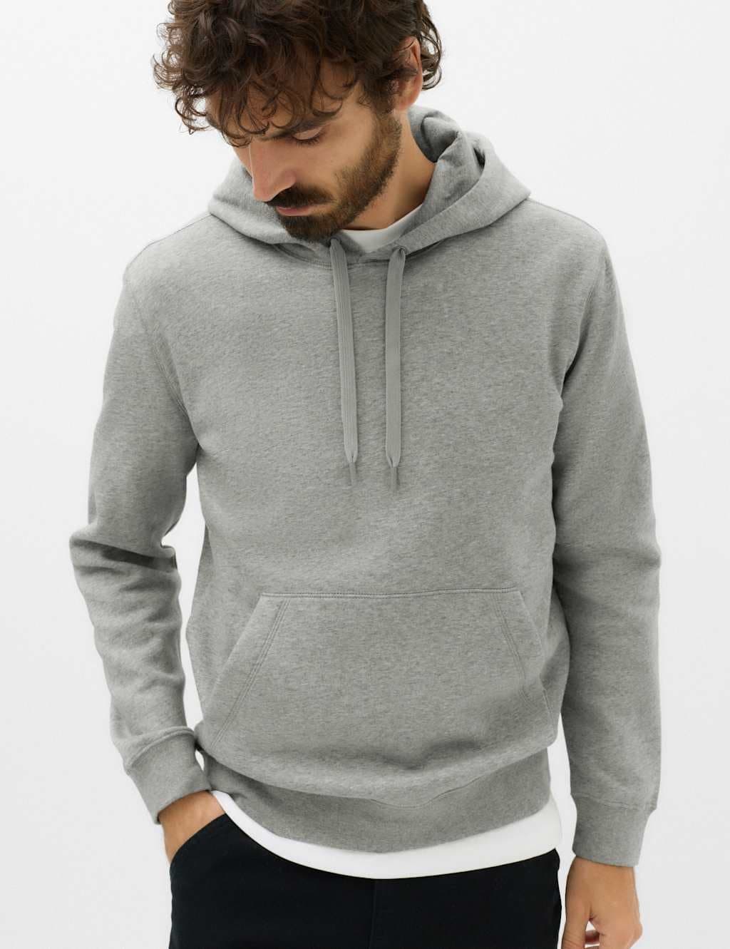 Marks & Spencer M&S Cotton Rich Brushback Hoodie Grey Marl