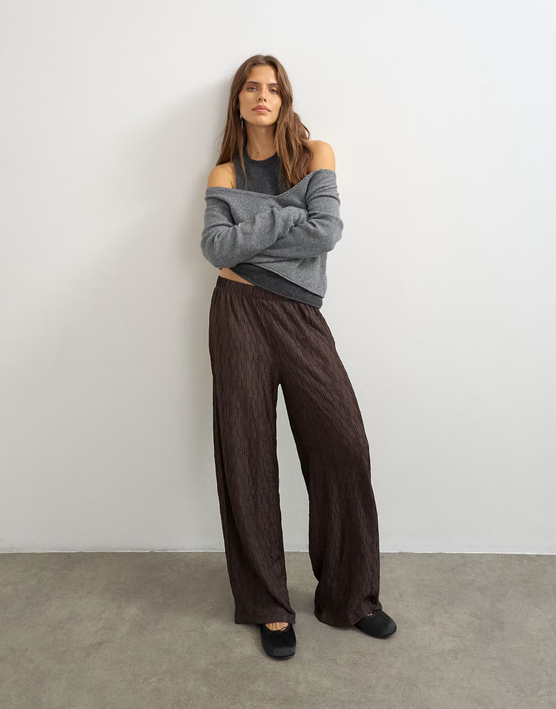 ASOS Topshop plisse jersey wide leg trousers in chocolate
