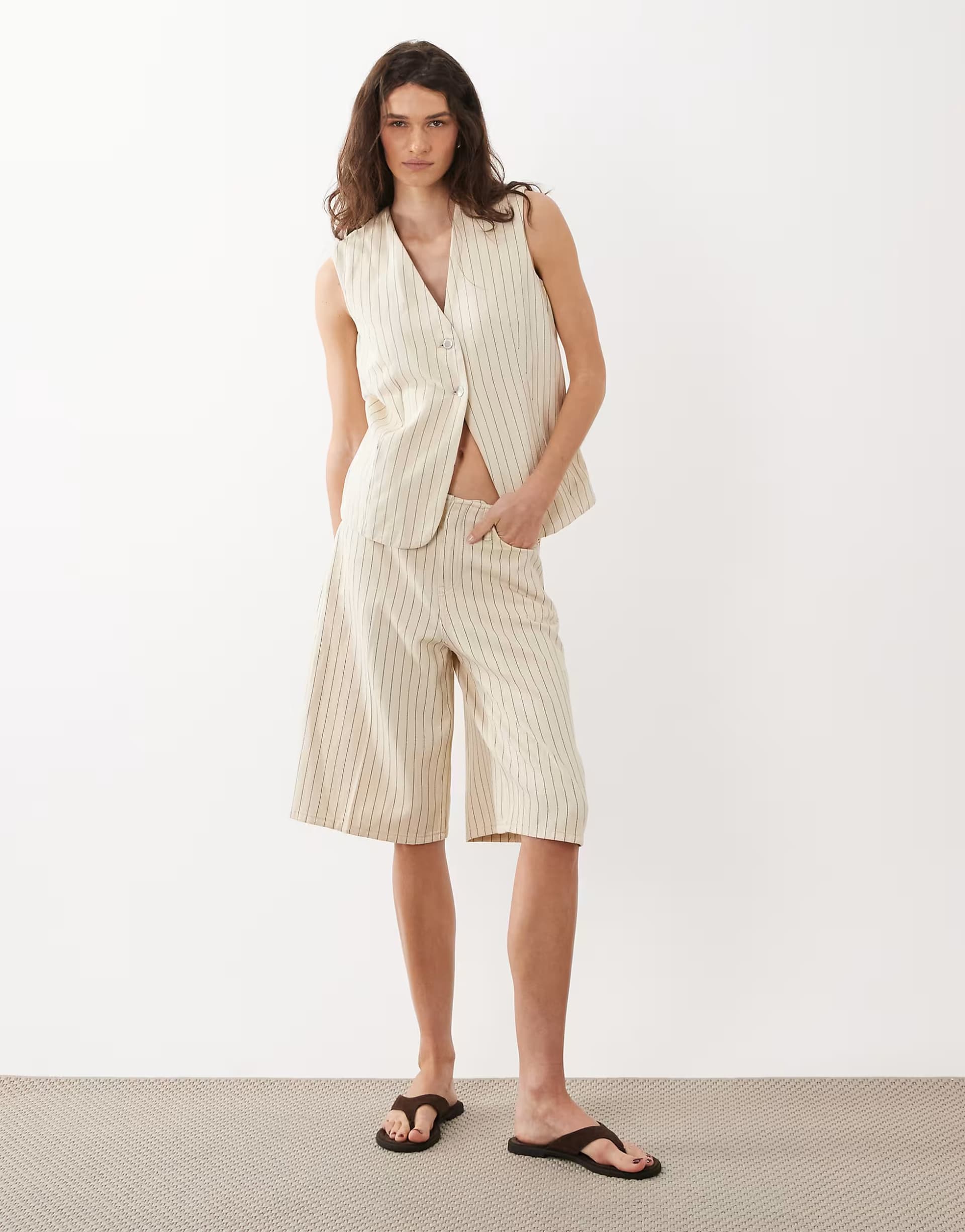ASOS Mango Tony denim waistcoat & short co-ord in beige stripe