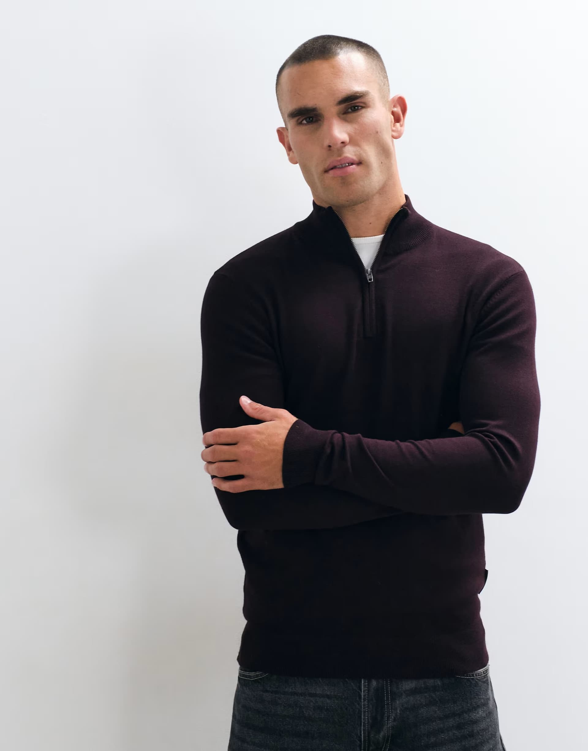 ASOS French Connection quarter zip knitted jumper in burgundy