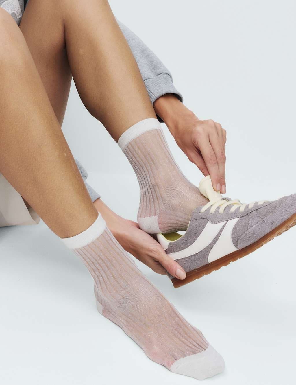 Marks & Spencer M&S Sheer Ribbed Crew Socks in Ivory Mix