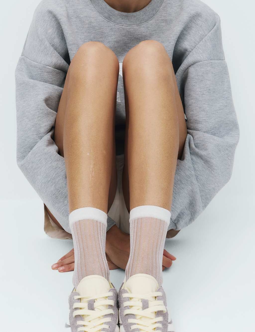 Marks & Spencer M&S Cotton Blend Sheer Ribbed Sparkly Crew Socks Ivory Mix - 2