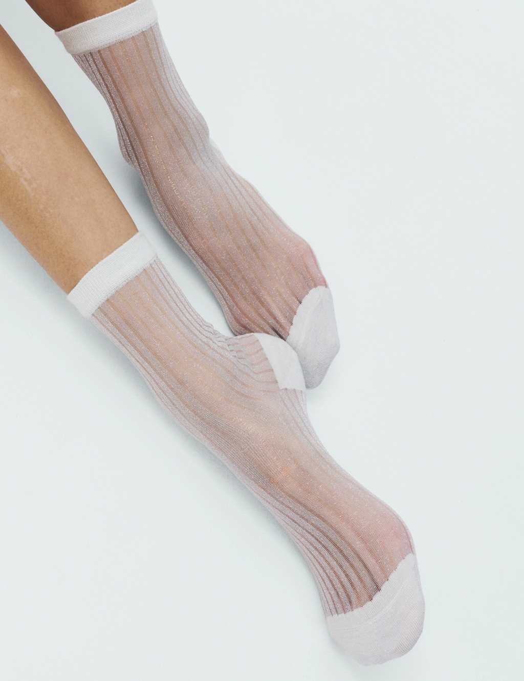 Marks & Spencer M&S Cotton Blend Sheer Ribbed Sparkly Crew Socks Ivory Mix - 3