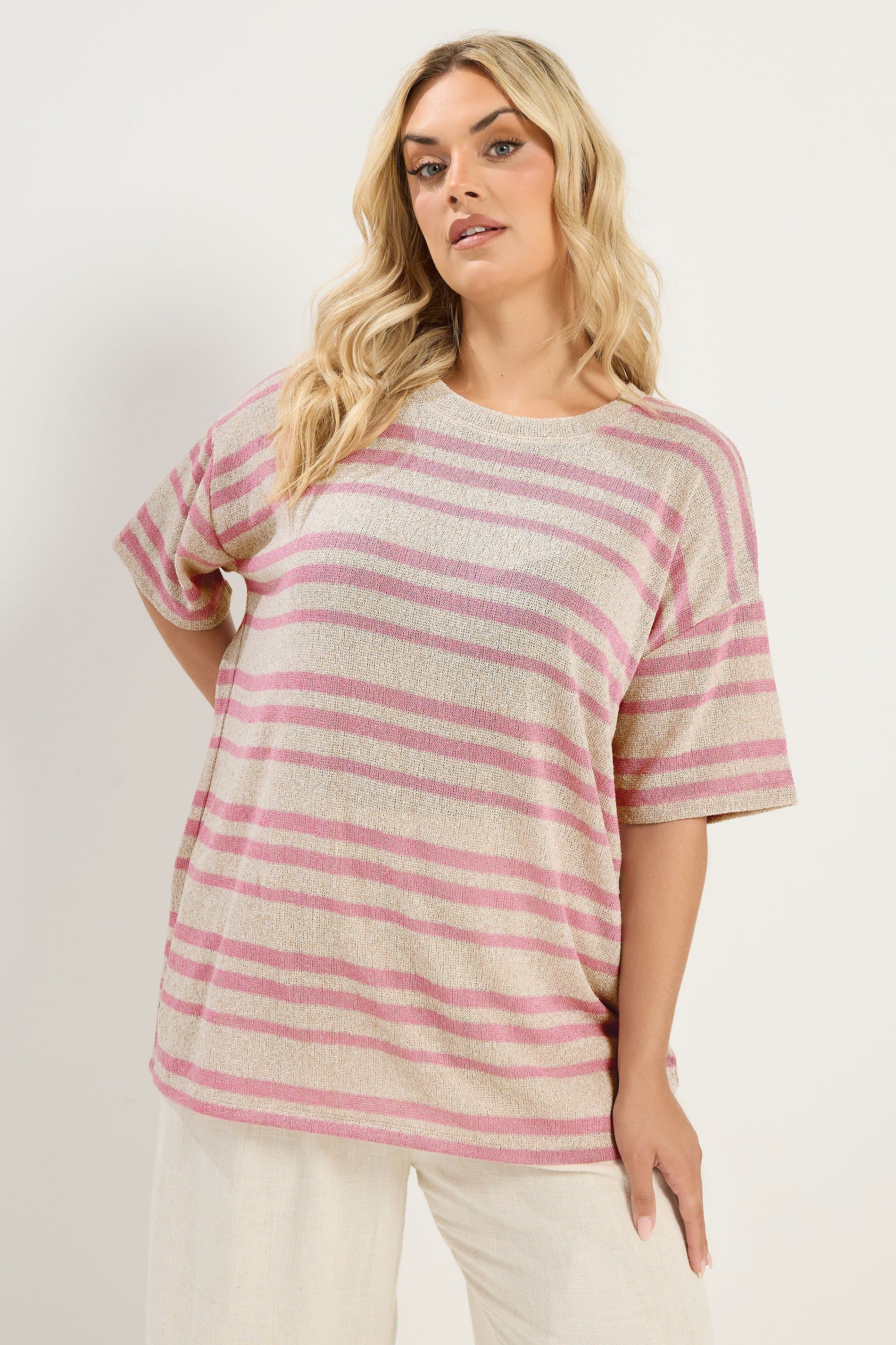 Yours Plus Size Women's Pink Striped Knitted Boxy Tshirt