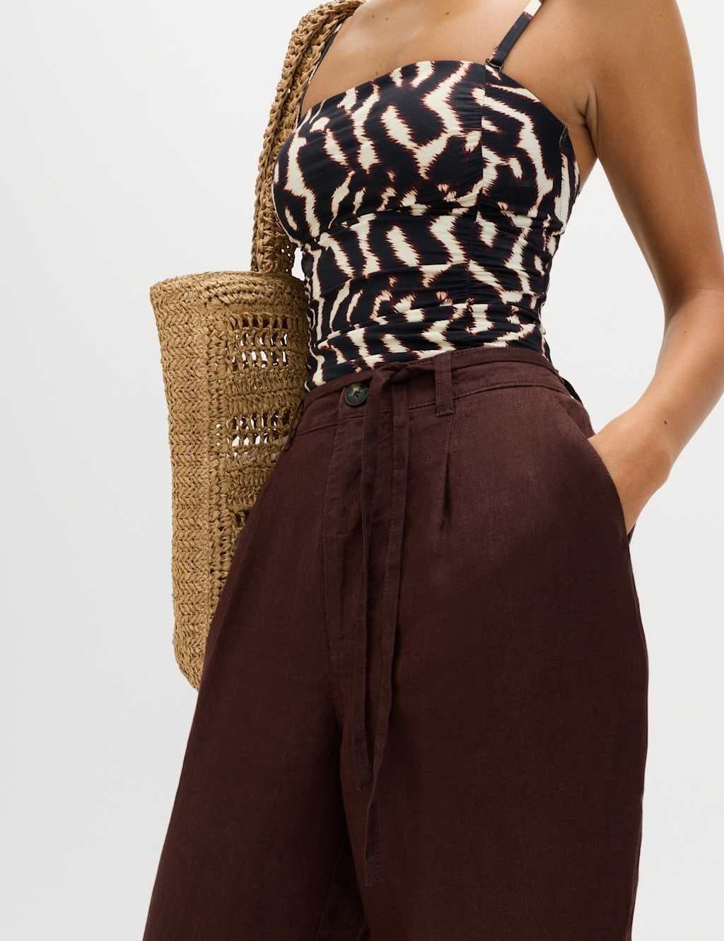 Marks & Spencer M&S Pure Linen Pleat Front Belted Tapered Trousers Peat