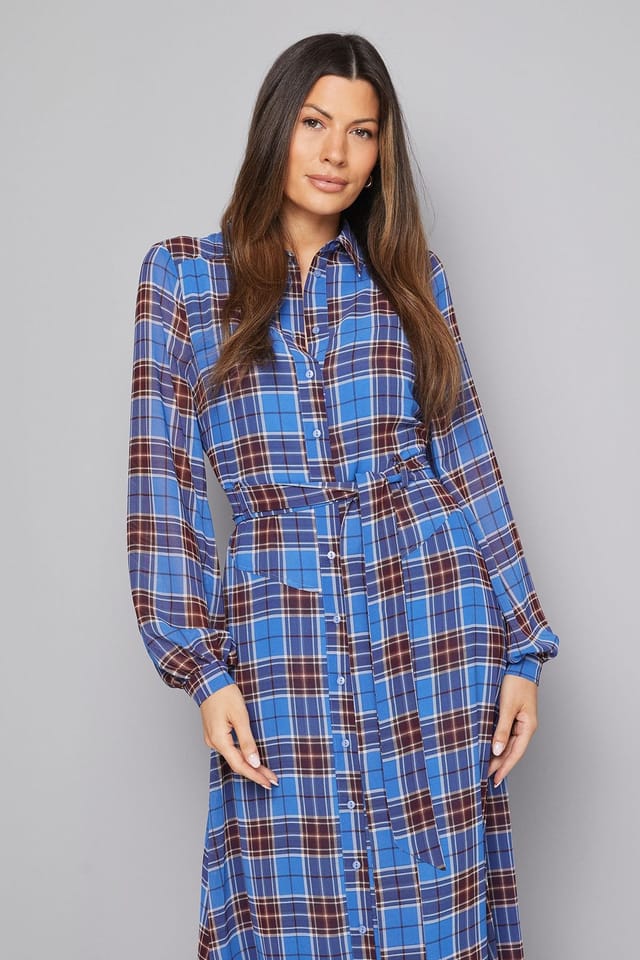 Wallis Wallis Women's Check Seam Detail Belted Shirt Dress in Blue - 2