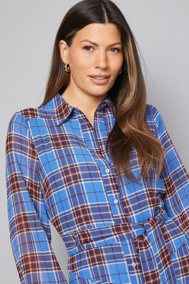 Wallis Wallis Women's Check Seam Detail Belted Shirt Dress in Blue - 3