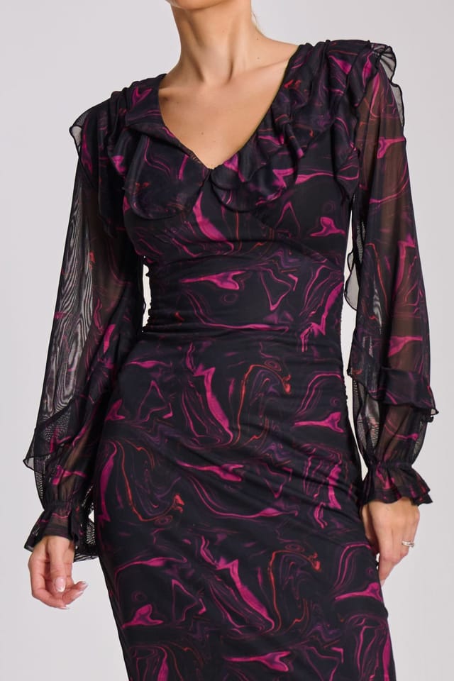 Jolie Moi Jolie Moi Women's Long Sleeve Ruffle Detail Mesh Bodycon Dress in Black - 3