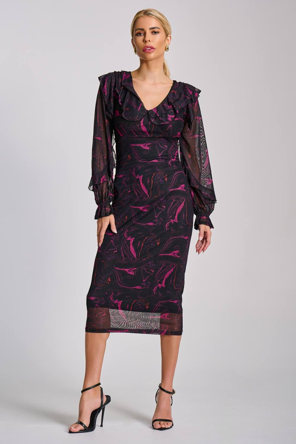 Jolie Moi Jolie Moi Women's Long Sleeve Ruffle Detail Mesh Bodycon Dress in Black - 4