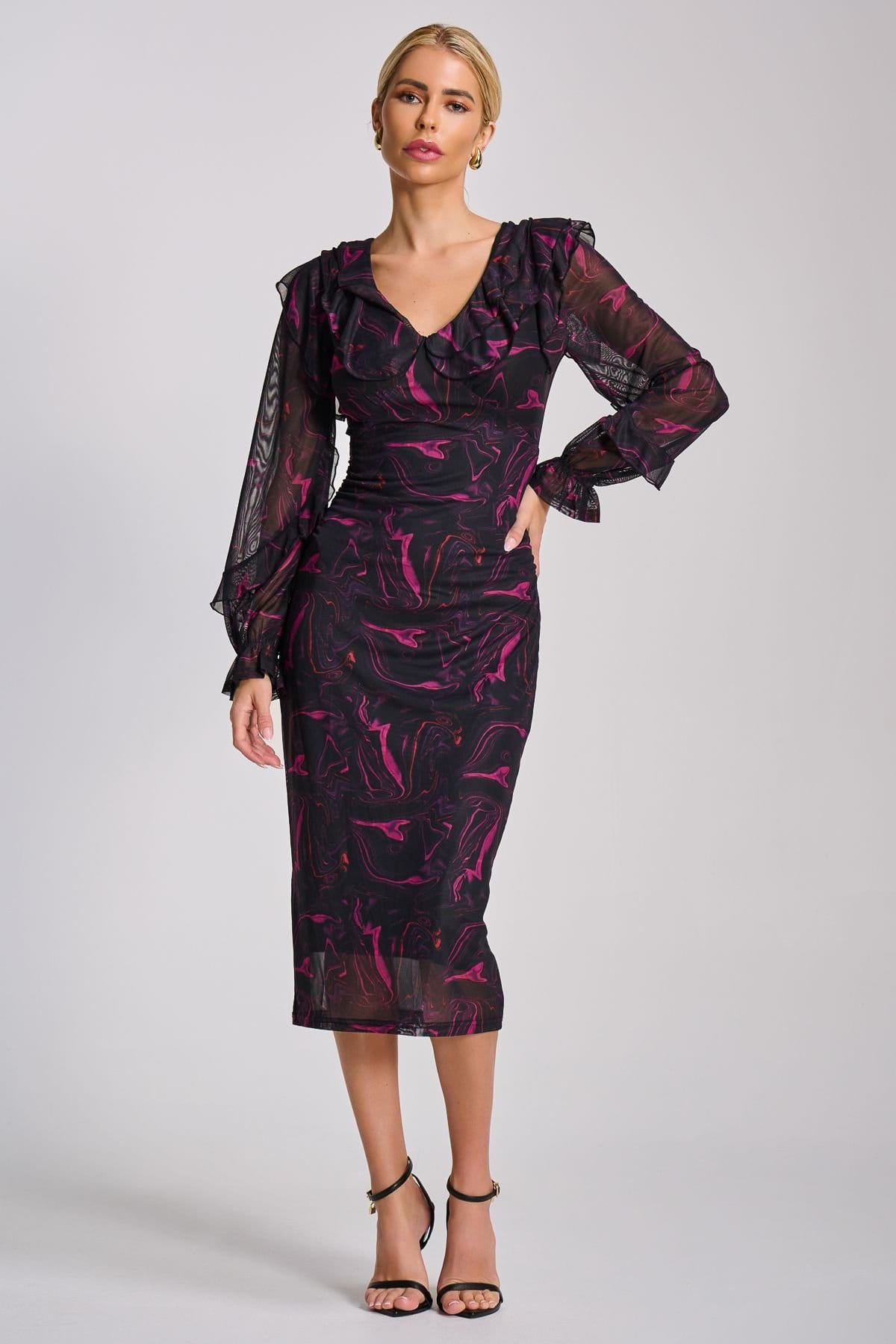 Jolie Moi Jolie Moi Women's Long Sleeve Ruffle Detail Mesh Bodycon Dress in Black - 4