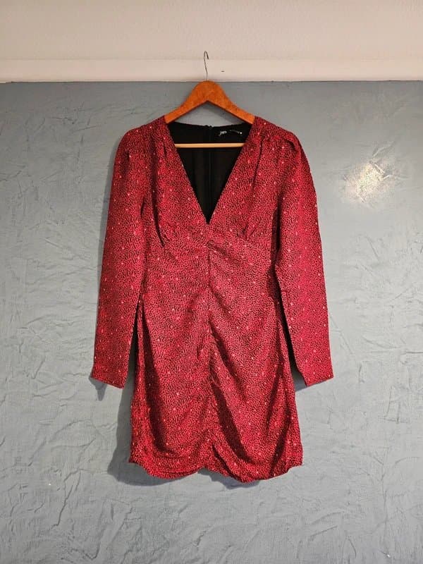 Zara Zara new red ruched vintage vibes long-sleeved dress