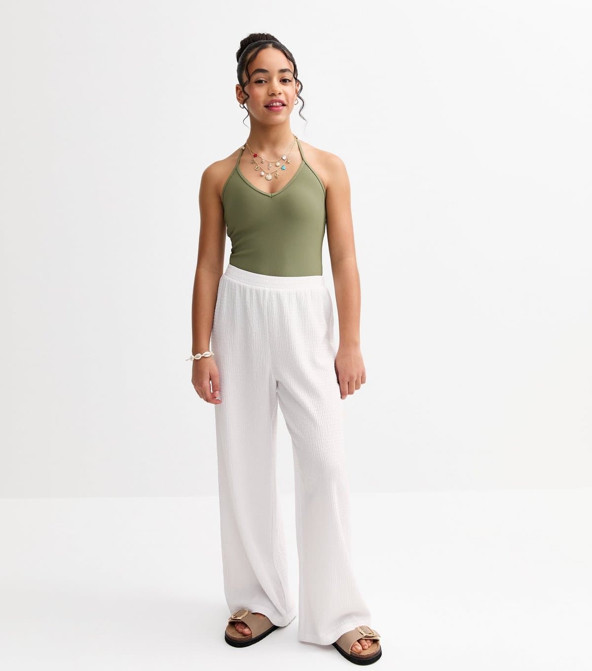 New Look Girls' White Crinkle Texture Wide Leg Beach Trousers New Look