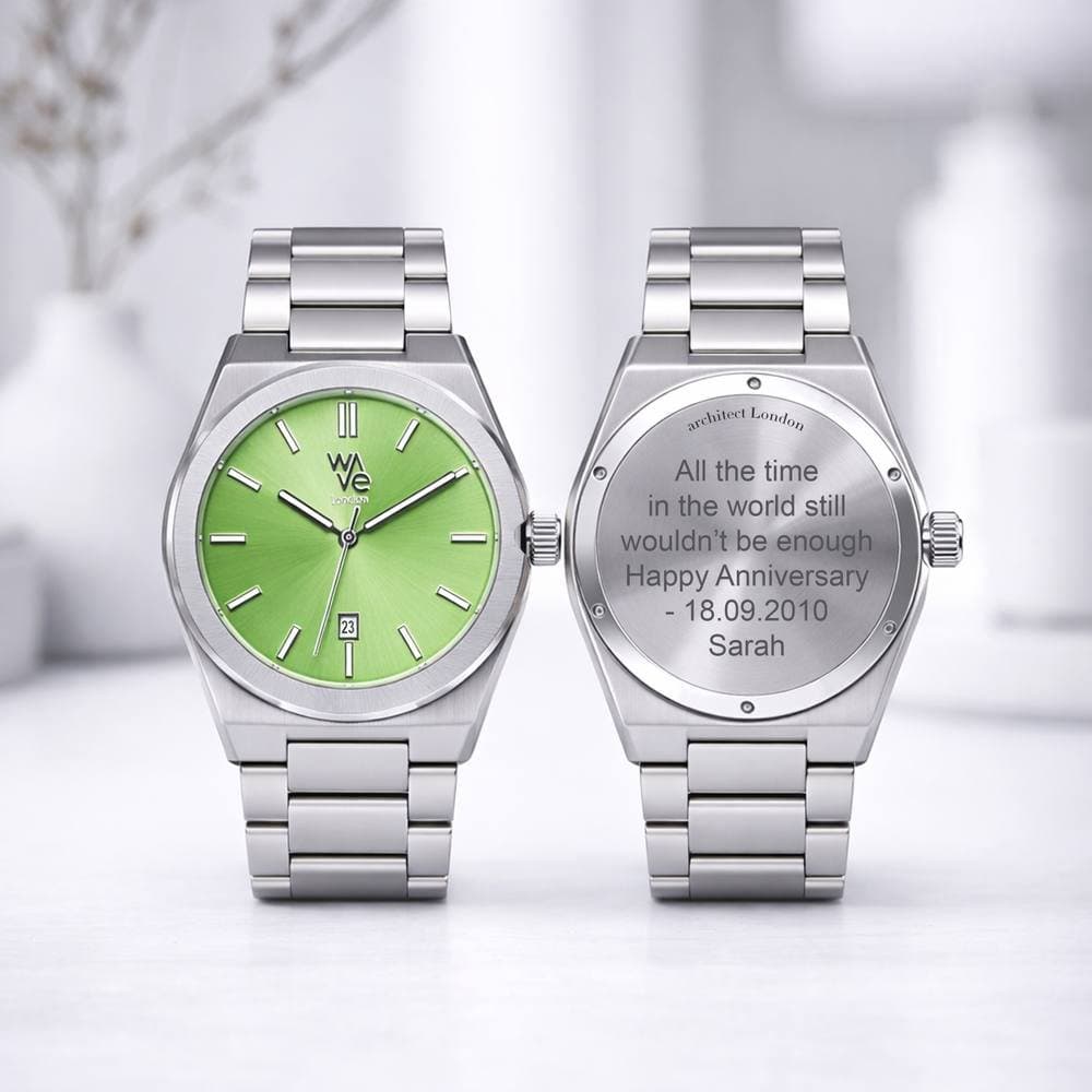 Wear We Met Wear We Met Men's Personalised Wave Watch - Engraved in Light Green
